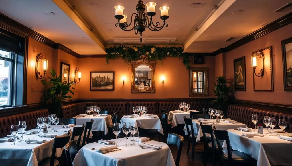 Generate an image of Al Di Là Trattoria's cozy dining area in Park Slope.