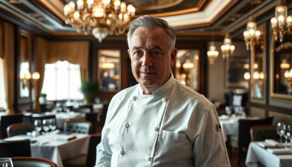 Generate an image of Alain Ducasse at The Dorchester's luxurious dining room.