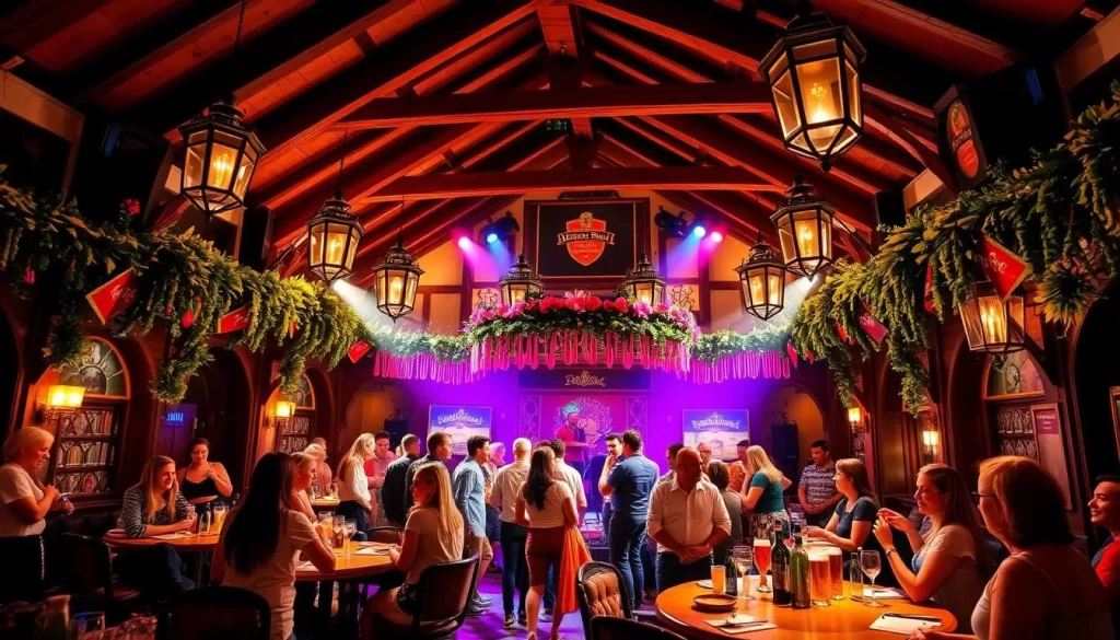 Generate an image of Albert's Schloss, highlighting its Bavarian beer hall atmosphere and lively entertainment.