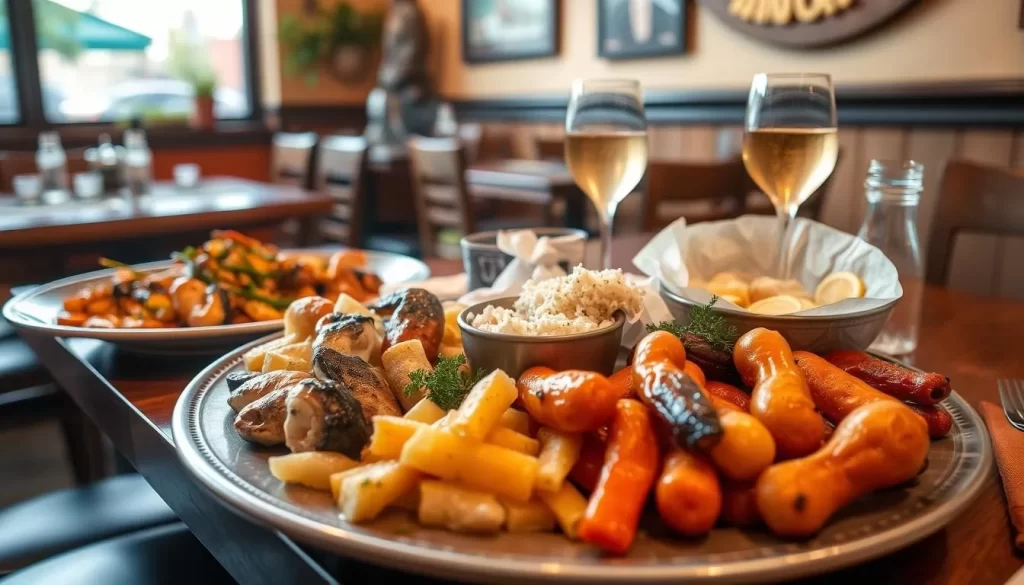 Generate an image of Alegrias Seafood's family platter in West Town.