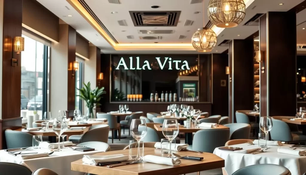 Generate an image of Alla Vita's interior, showcasing its modern Italian cuisine ambiance.