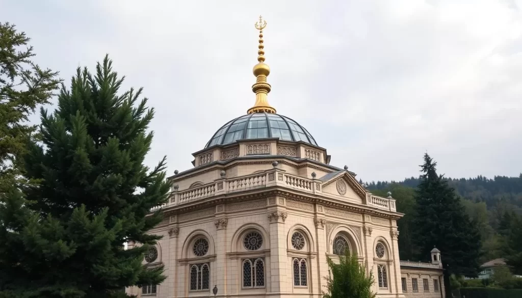 Generate an image of Altun-Alem Mosque in Novi Pazar, showcasing its distinctive golden finial and architectural features.