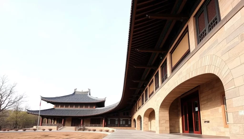 Generate an image of Amir-Agin Han, featuring its cantilevered design and oversized eaves.