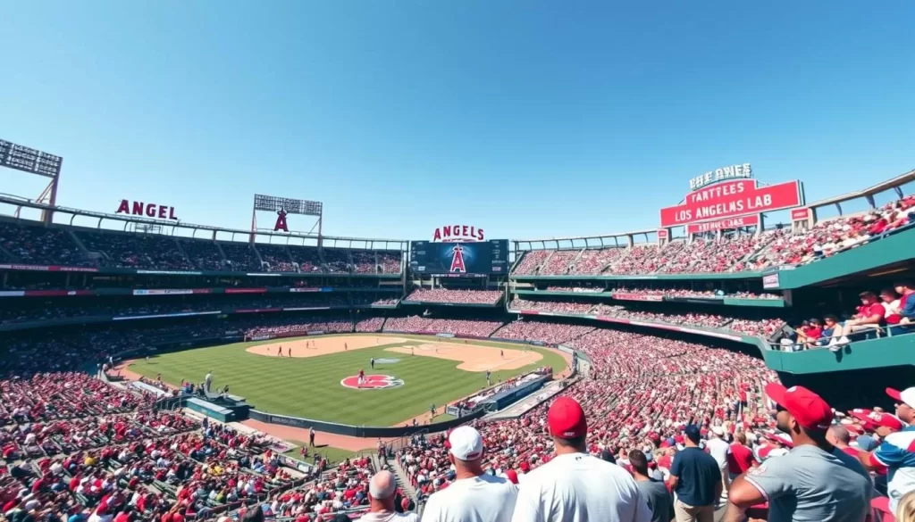 Generate an image of Angel Stadium during a Los Angeles Angels game.