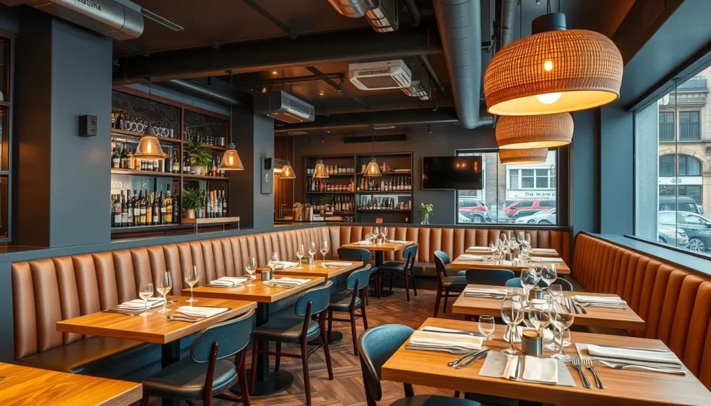 Generate an image of Angelina restaurant in Dalston, London, showcasing its modern decor and inviting ambiance.