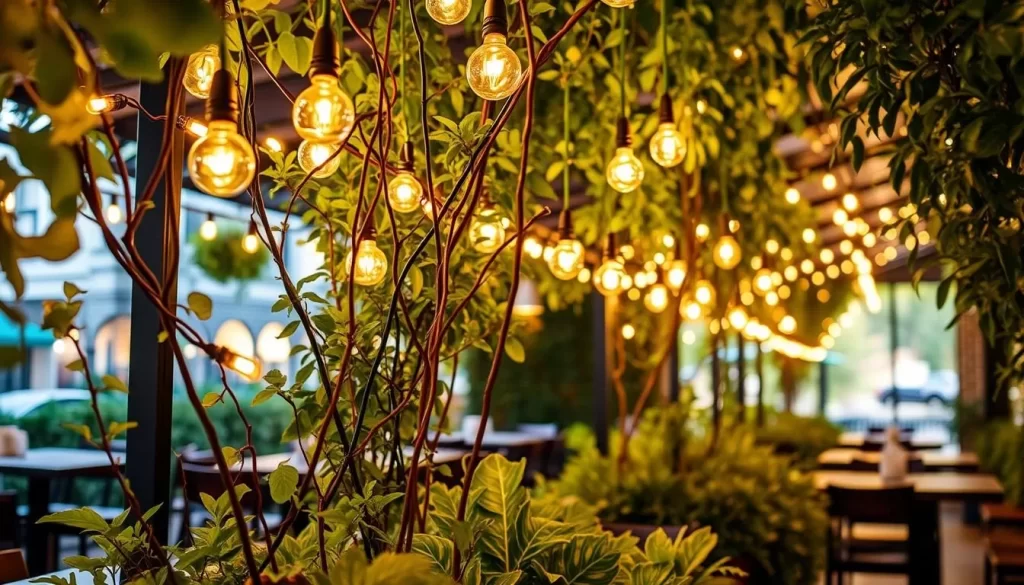 Generate an image of Anteprima's outdoor dining area with its string lights and lush plantings.