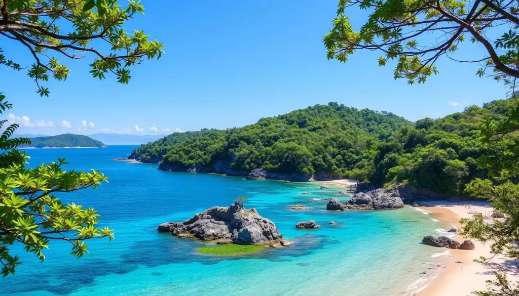 Generate an image of Aoshima Island with its lush subtropical forests and picturesque beaches.