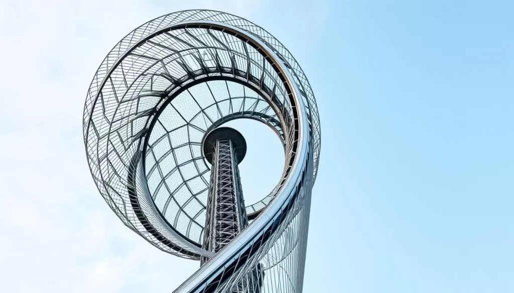 Generate an image of Art Tower Mito with its distinctive spiraling titanium tower.