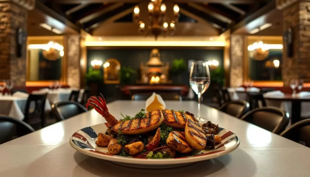 Generate an image of Asador Bastian's dimly lit dining area with a grilled seafood dish.