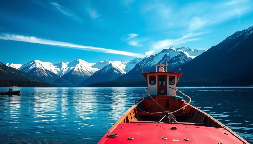 Generate an image of Atlin Lake with a boat in the foreground and snow-capped mountains in the background.