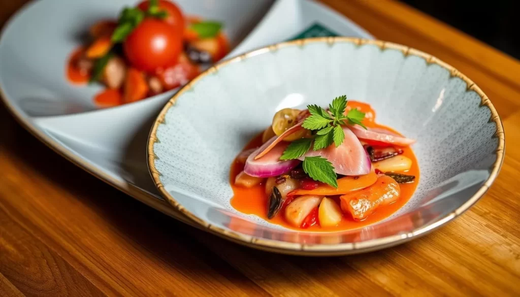 Generate an image of Atomix's signature dish, showcasing its unique flavors and presentation.
