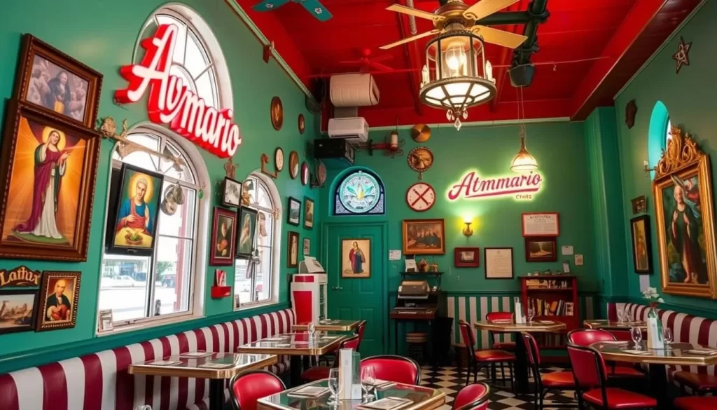 Generate an image of Ave Mario's interior, showcasing its unique blend of Catholic kitsch and Italian flair.