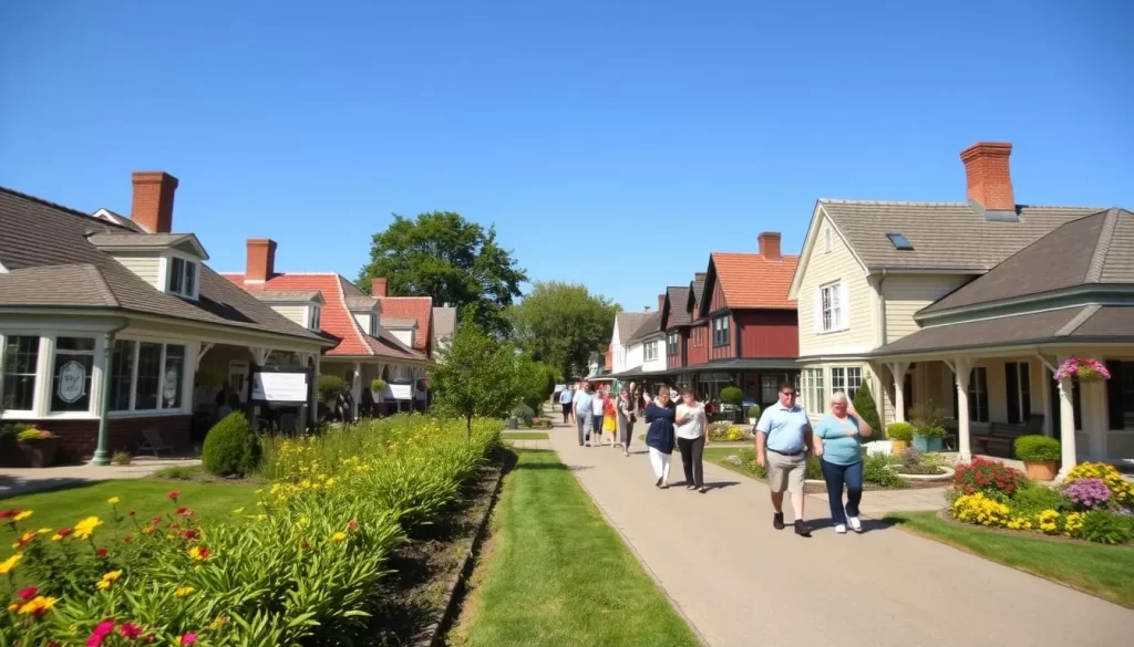 Generate an image of Avonlea Village with visitors strolling through the period buildings.