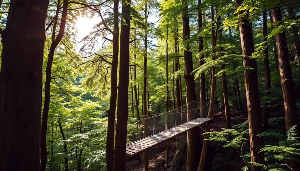 Generate an image of Aya town's beech forest and suspension bridge