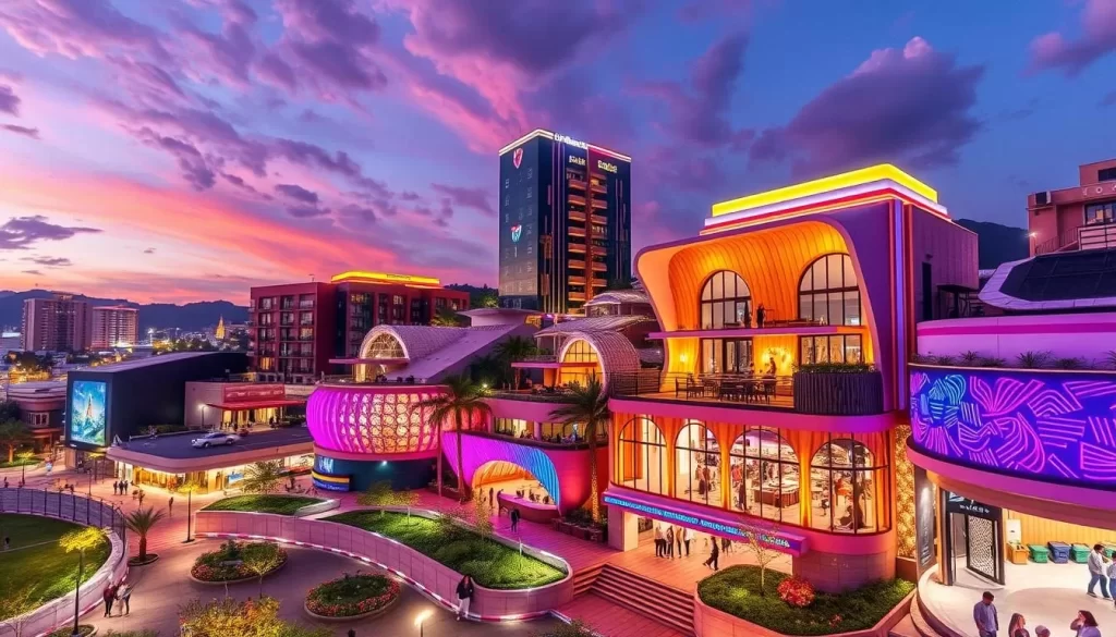 Generate an image of Azabudai Hills, showcasing its modern architecture and vibrant atmosphere.