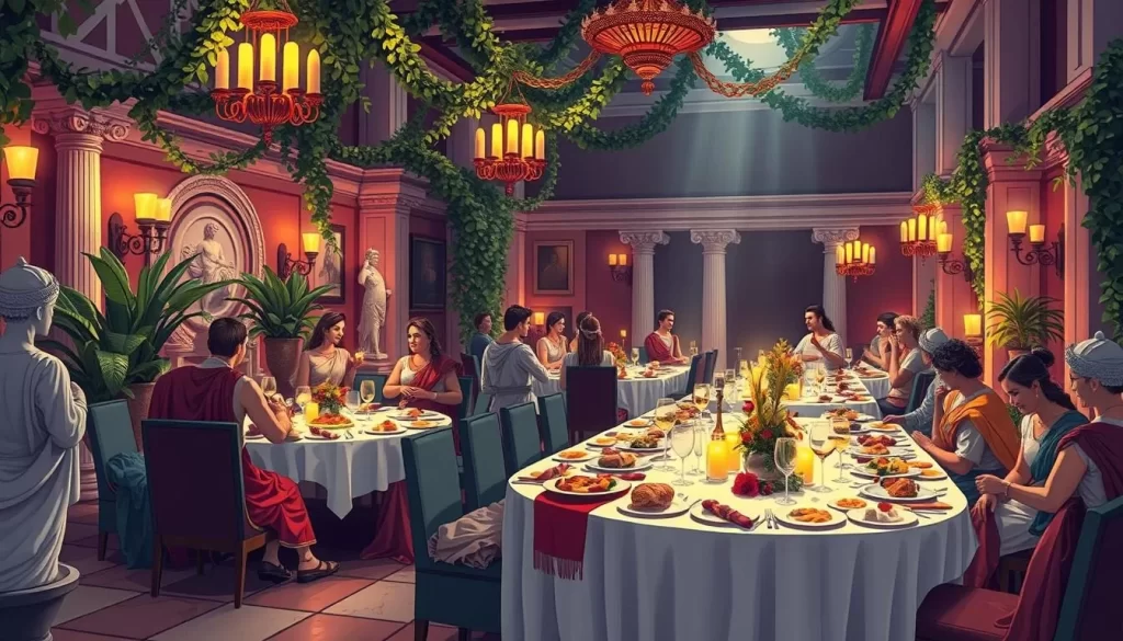 Generate an image of Bacchanalia's Roman-themed dining area.