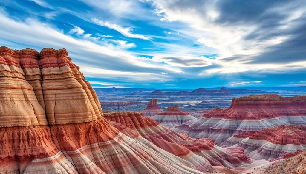 Generate an image of Badlands National Park, highlighting its unique geological formations and scenic beauty.