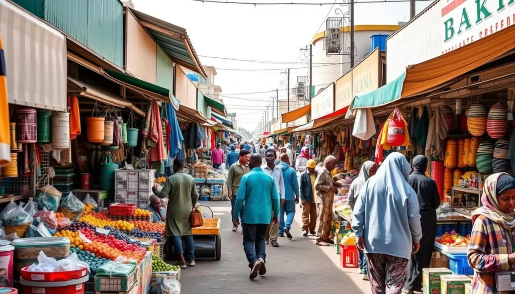Generate an image of Bakara Market Mogadishu, showcasing its vibrant stalls and shoppers.