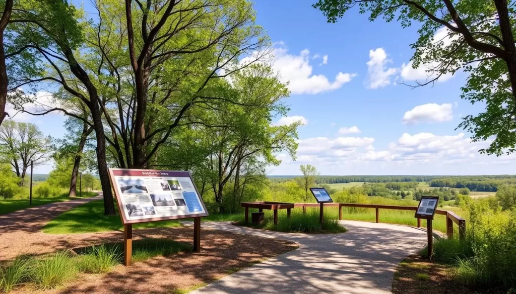 Generate an image of Ball's Bluff Battlefield Regional Park's interpretive trails.