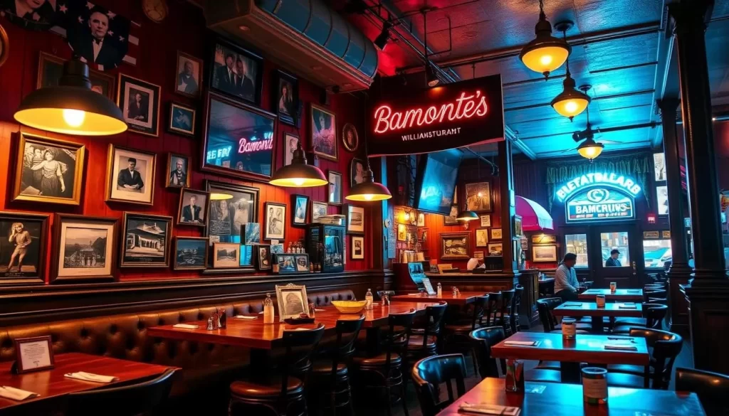 Generate an image of Bamonte's restaurant in Williamsburg, showcasing its classic Italian-American decor and inviting atmosphere.