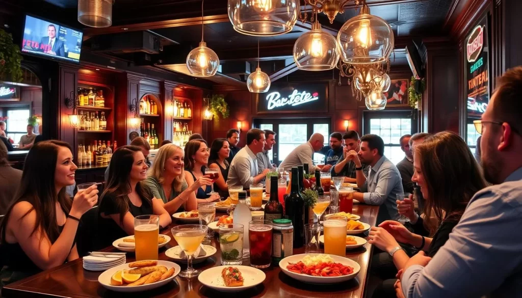 Generate an image of Bar Bête's bustling bar area with patrons enjoying drinks and appetizers.