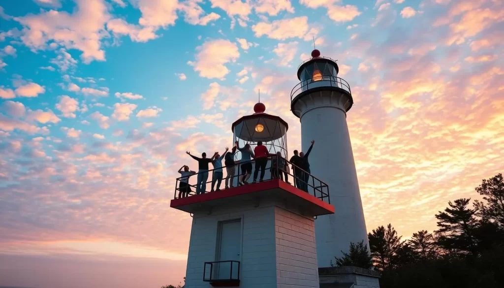 Generate an image of Barnegat Lighthouse at sunset with people climbing to the top.