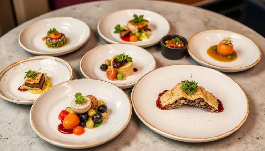 Generate an image of Baroo's seven-course tasting menu, highlighting the variety and presentation of the dishes.