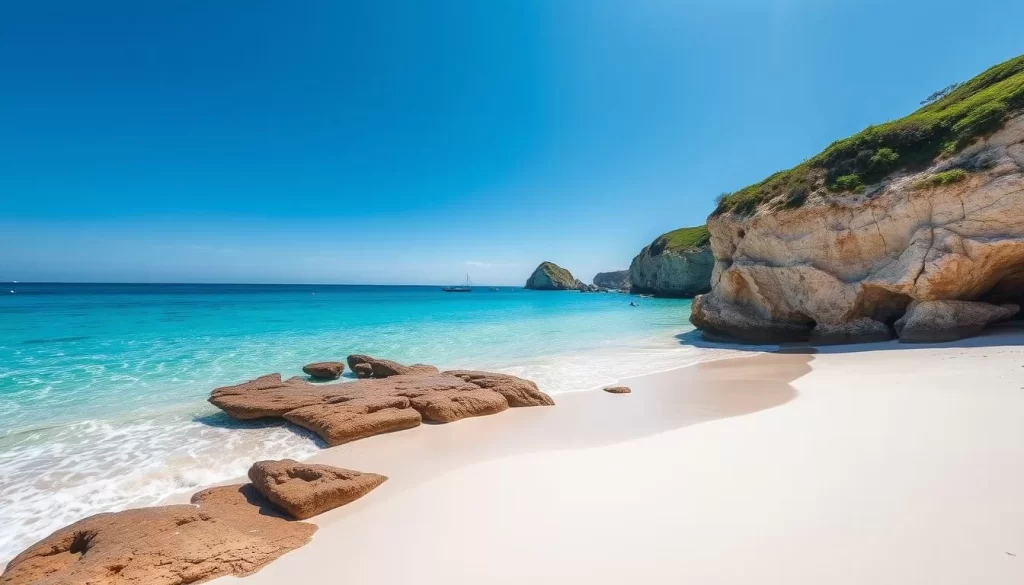 Generate an image of Basin Head Beach with white quartz sand and clear waters.