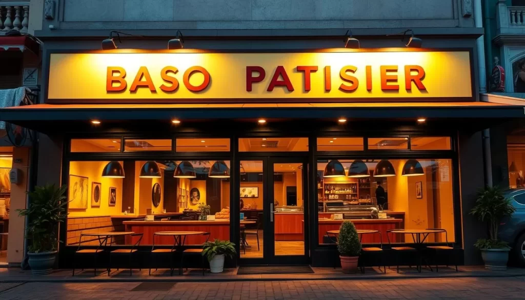 Generate an image of Baso Patissier's exterior in Kigali, showcasing its inviting ambiance.