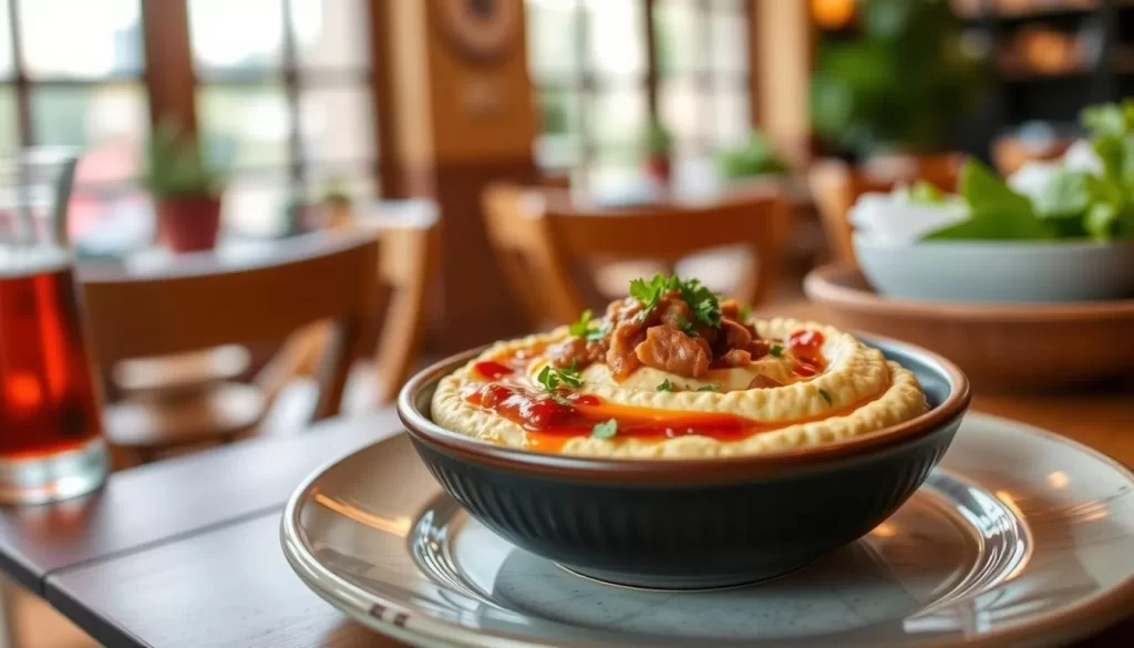 Generate an image of Bavel's signature hummus dish, topped with duck 'nduja and served in a rustic, inviting setting.