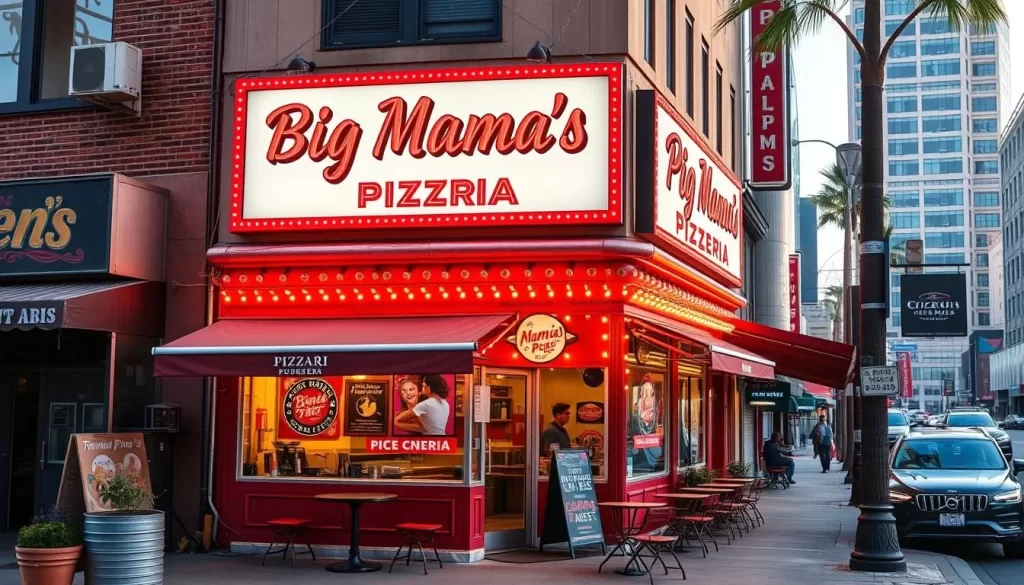 Generate an image of Big Mama's and Papa's Pizzeria storefront in Los Angeles.