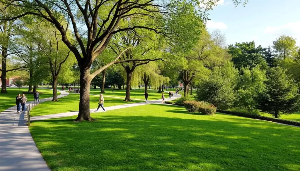 Generate an image of Big or Upper Park in Kragujevac, showcasing its walking trails and green spaces.