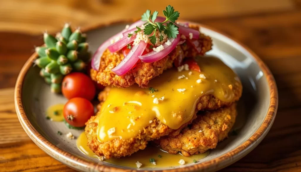 Generate an image of Bloom's signature cactus schnitzel dish.