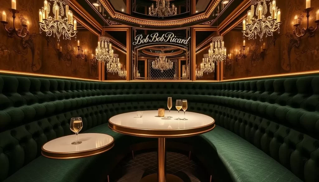 Generate an image of Bob Bob Ricard's luxurious booths with champagne buttons.