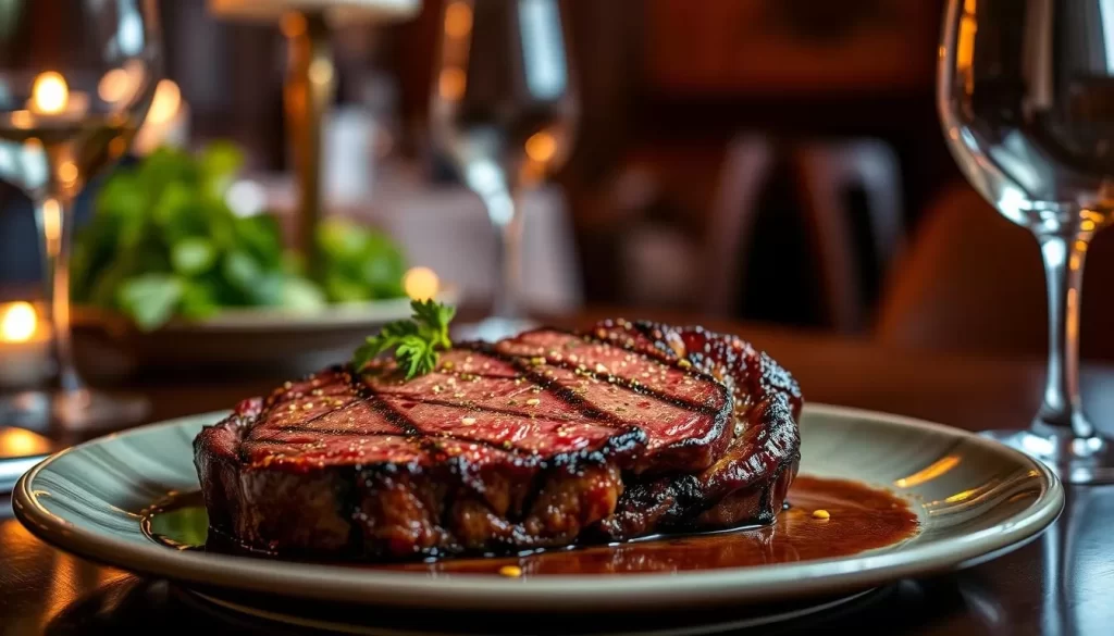 Generate an image of Bob Bob Ricard's signature "Press for Champagne" steak