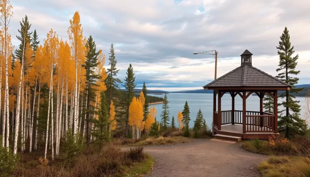 Generate an image of Boot Lake Trail in Inuvik, Northwest Territories, showcasing its birch and spruce forests and a gazebo.