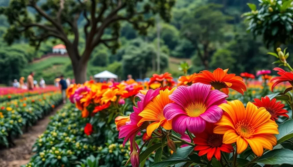 Generate an image of Boquete's Flower and Coffee Festival in January, showcasing vibrant flowers and coffee plantations.