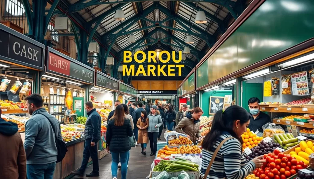 Generate an image of Borough Market's bustling interior with various food stalls and shoppers.