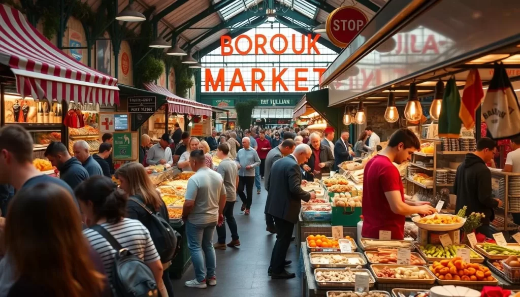 Generate an image of Borough Market's vibrant food stalls and bustling atmosphere.