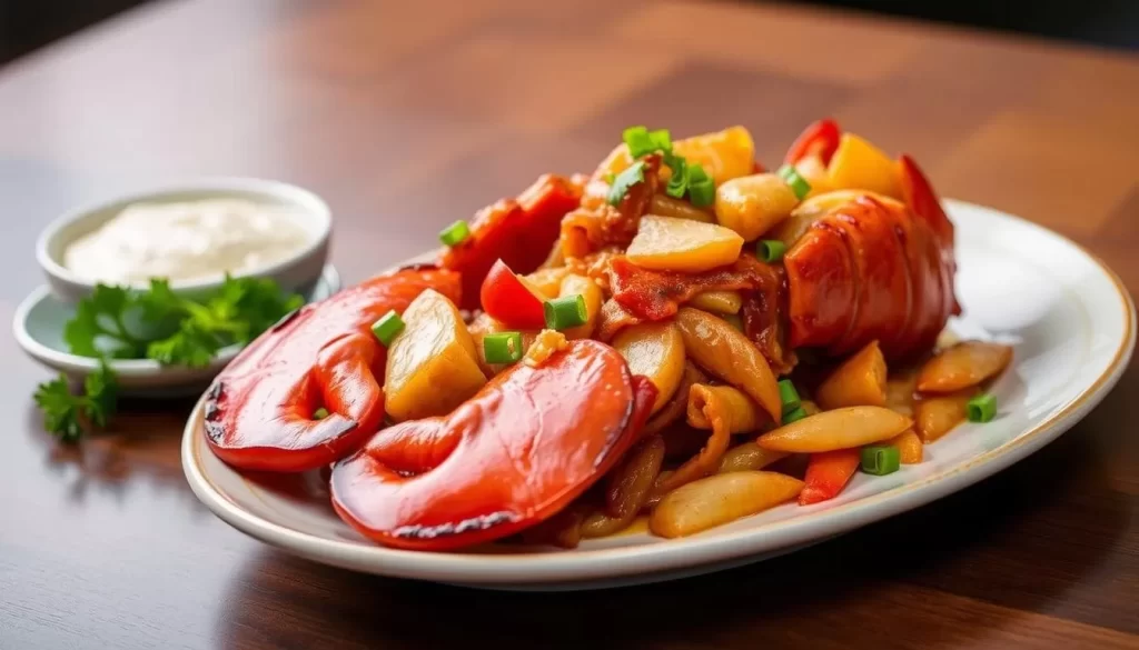 Generate an image of Boston Lobster's stir-fried lobster dish, highlighting the freshness and flavors.