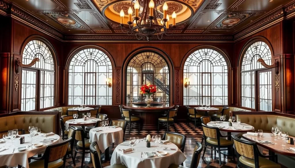 Generate an image of Brasserie Zédel's opulent Art Deco interior
