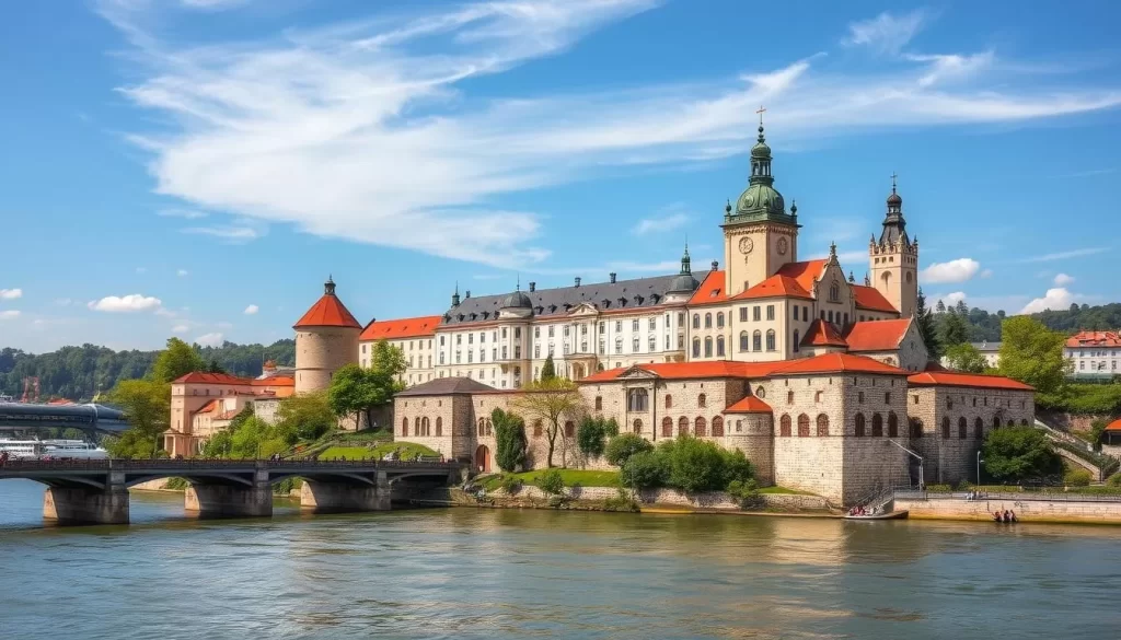 Generate an image of Bratislava Castle with the Danube River in the background.