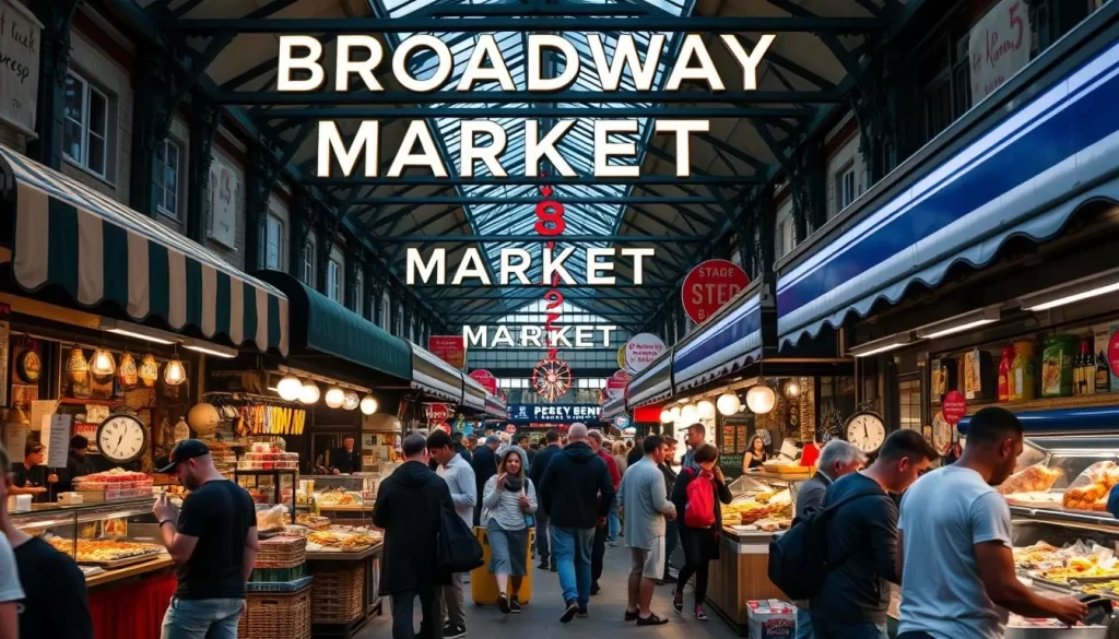 Generate an image of Broadway Market in Hackney, London, showcasing its vibrant atmosphere and variety of food stalls.