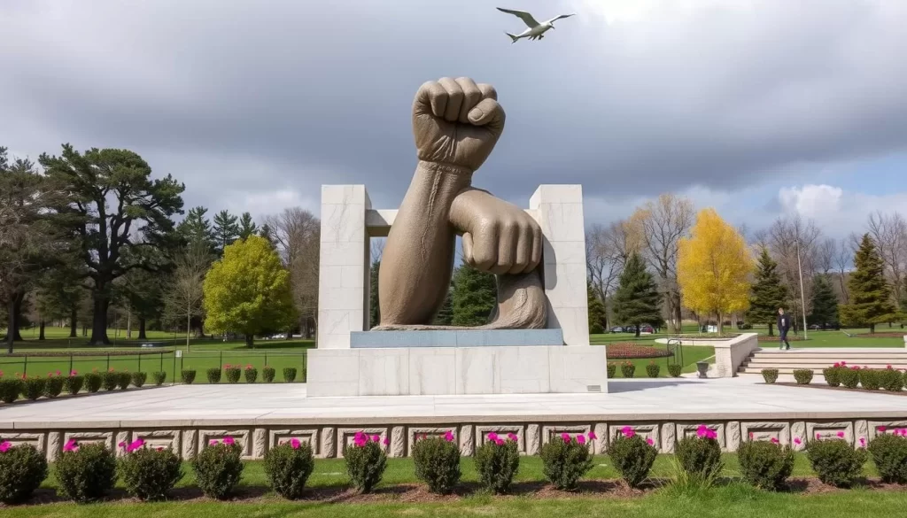 Generate an image of Bubanj Memorial Park's Three Fists Monument