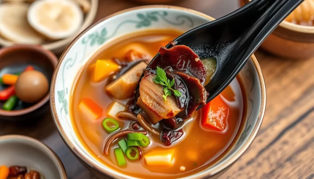 Generate an image of Buddha Bodai's vegetarian shark fin soup, highlighting its rich texture and flavor.