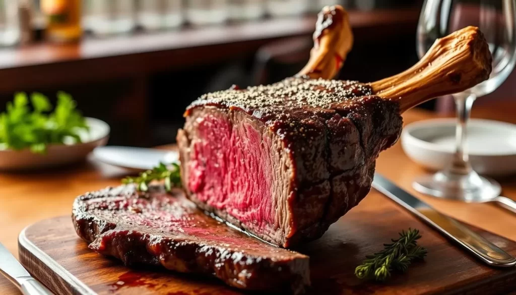 Generate an image of Butchr Bar's dry-aged bone-in tomahawk steak, priced at $6 per ounce.