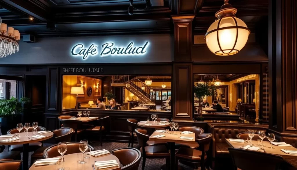 Generate an image of Cafe Boulud's Upper East Side location, capturing its sophisticated decor and inviting atmosphere.