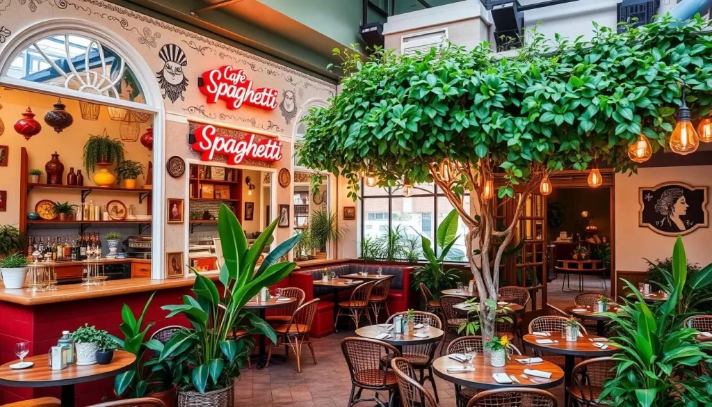 Generate an image of Café Spaghetti's eclectic interior and pleasant outdoor dining area.