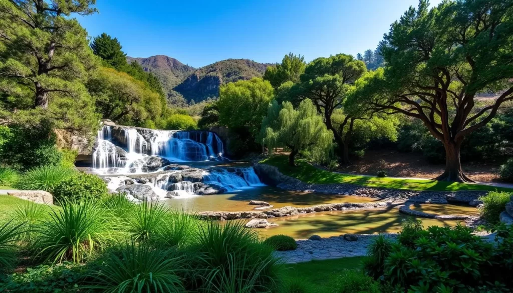 Generate an image of Calamigos Ranch in Malibu, featuring its picturesque waterfalls and serene tree groves.