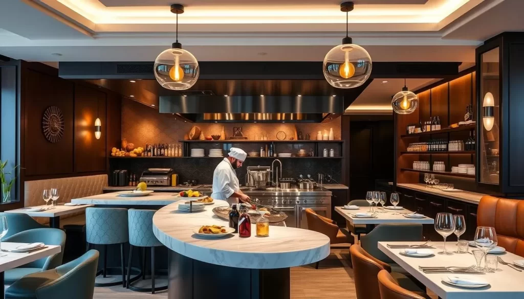 Generate an image of Camélia's interior, highlighting its stylish decor and the chefs preparing dishes in the open kitchen.